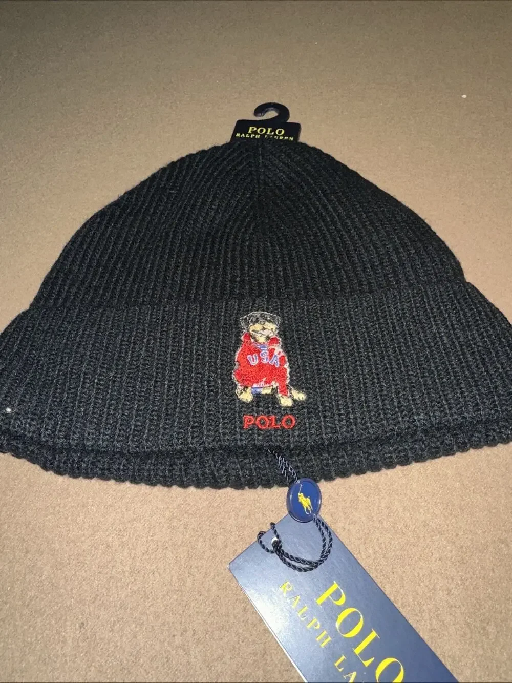Polo Ralph Lauren Men’s Black Cuffed Beanie Dog With USA Shirt